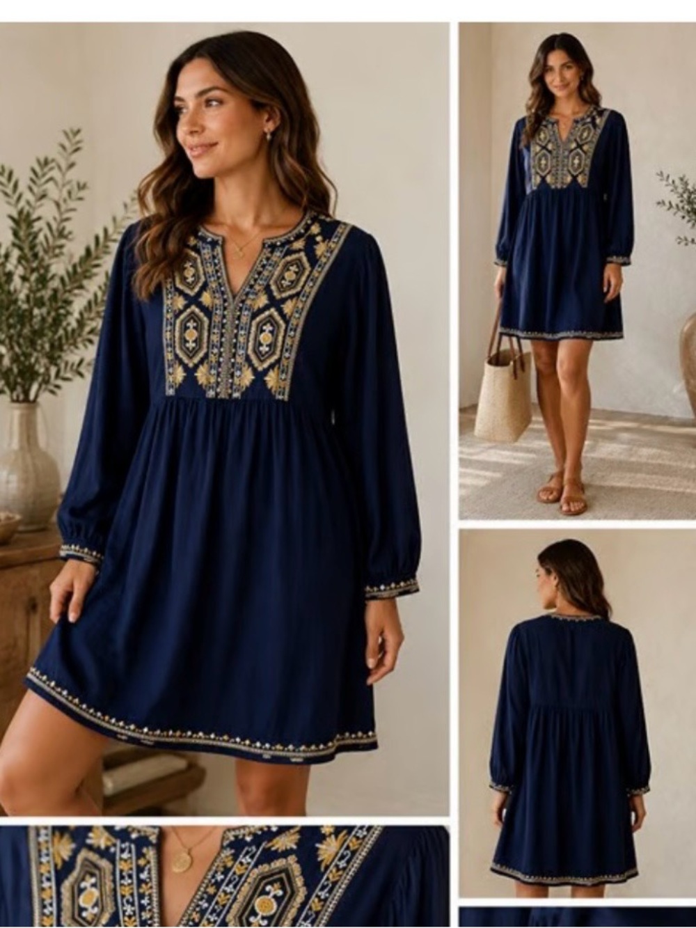Embroidered Boho Mini Dress Navy Gold Peasant Tunic Anthropologie M